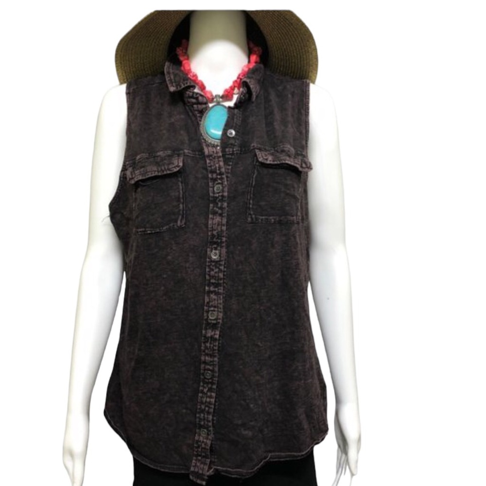 Rock & Republic Easy Wear Blouse Purple Bleached Sleeveless Keyhole Back Size L